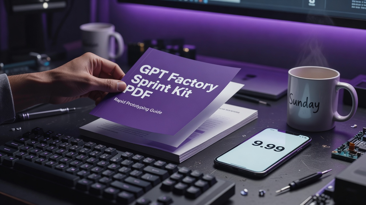 GPT Factory Sprint Kit PDF on a maker desk beside a $9.99 price on phone
