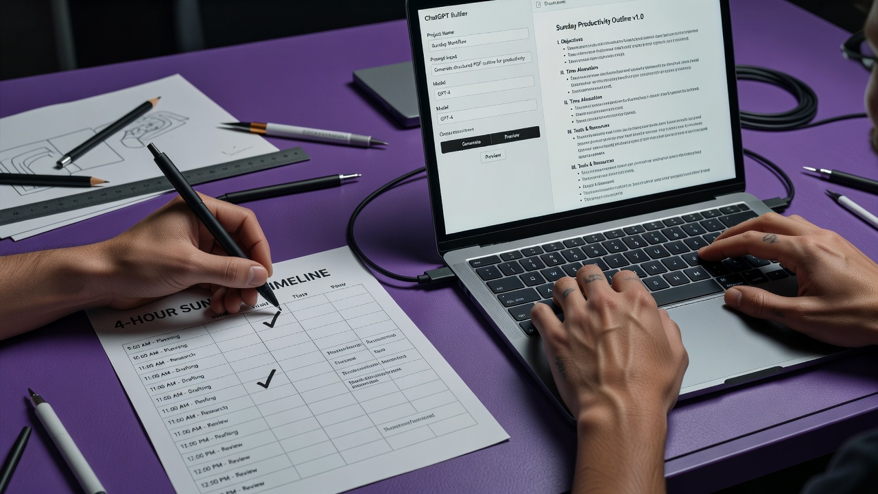 4-hour Sunday sprint timeline with GPT builder and PDF outline on laptop